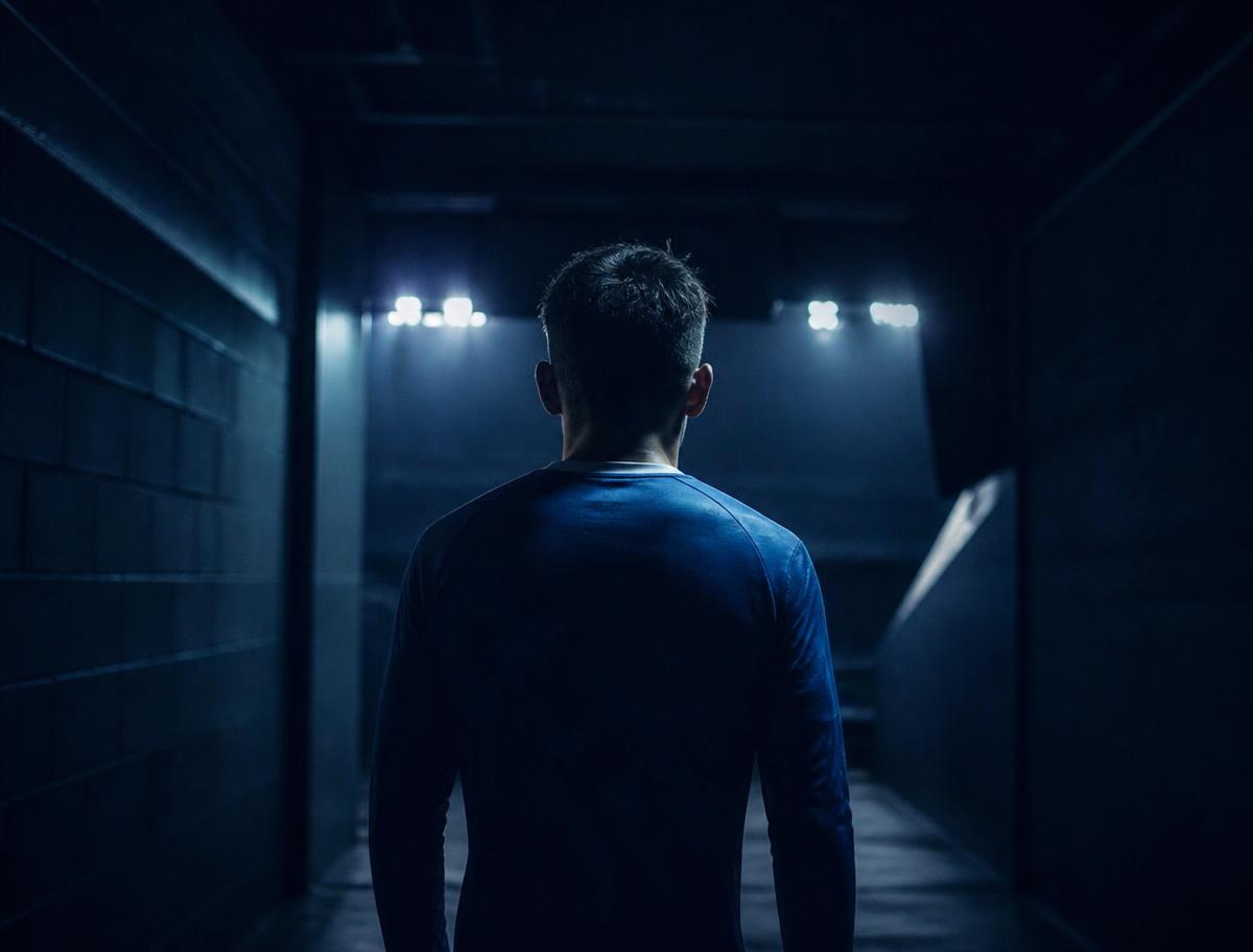 Atleta caminhando sozinho pelo túnel de acesso ao campo