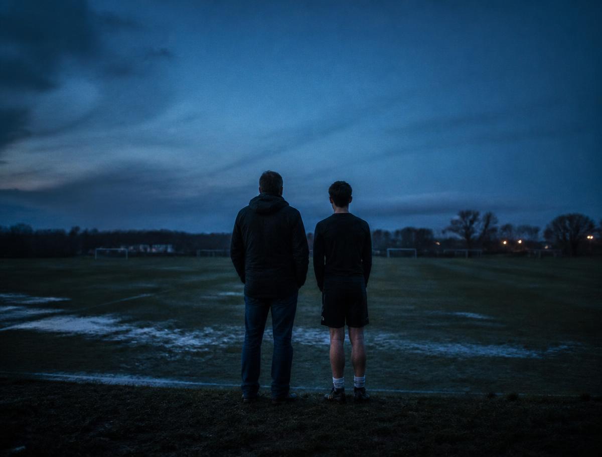 Pai e filho adolescente observando o campo de treino ao anoitecer